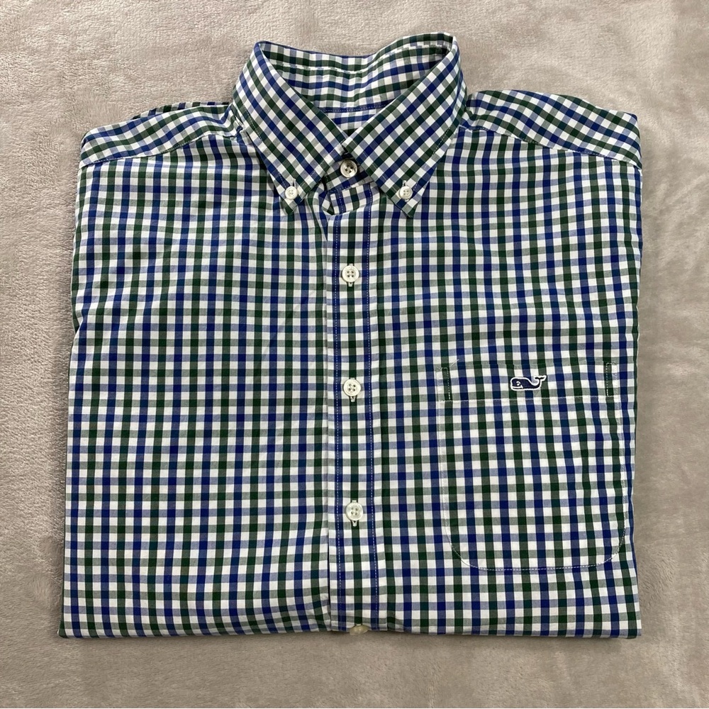 Vineyard Vines Slim Fit Tucker Plaid Blue Green Button Down Shirt Men's Sz M